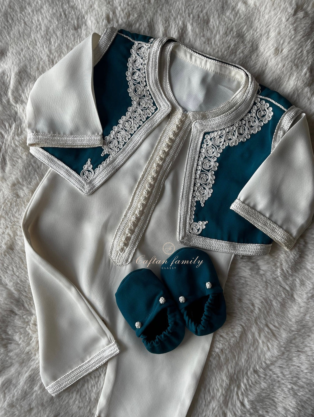 Grenouillère à gilet bleu pétrole + chaussons
