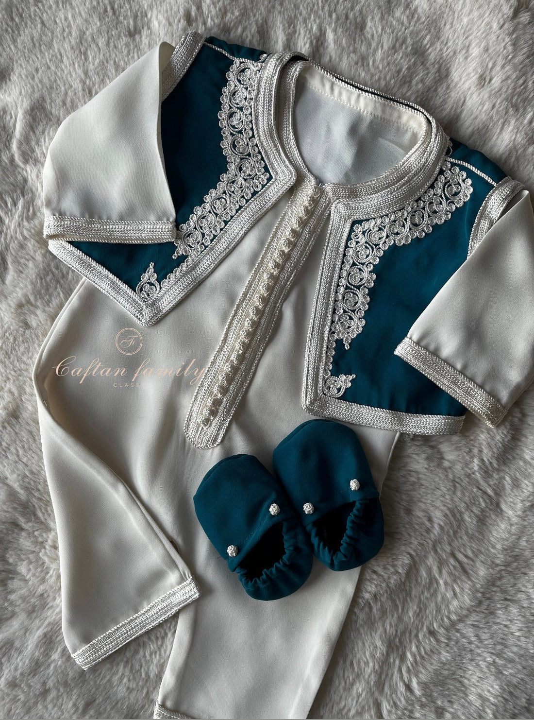Grenouillère à gilet bleu pétrole + chaussons (confection)